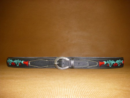 Cinturon Cuero Negro Bordado Huaso